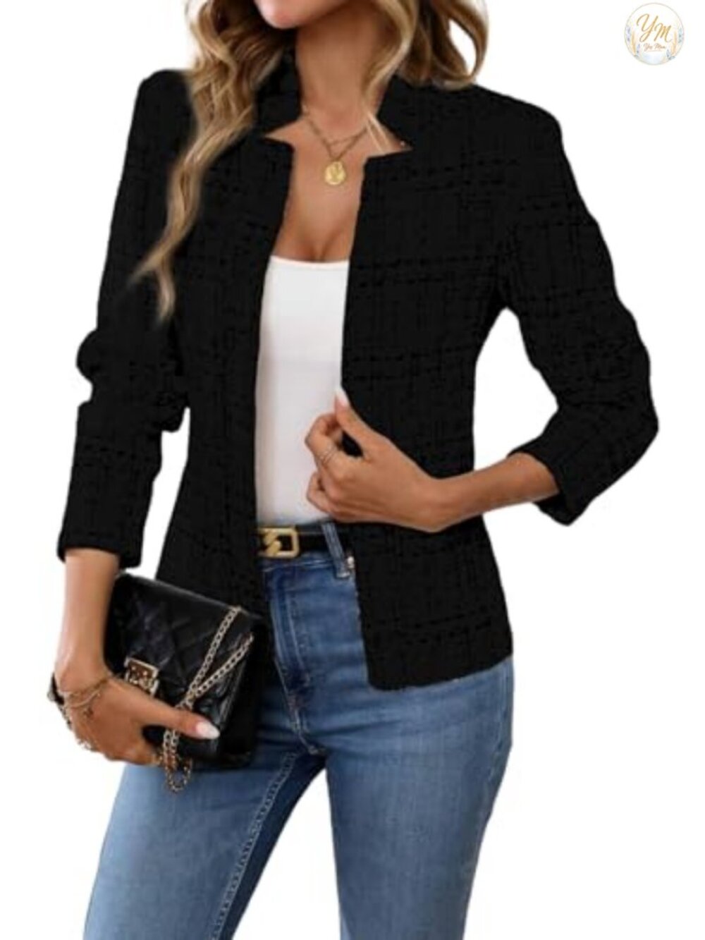 Womens Tweed Open Front Blazer 100% Polyester Slim Fit Notch Collar